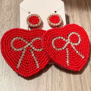 Elegant Red Beaded Heart Earrings with Rhinestone Bow Design